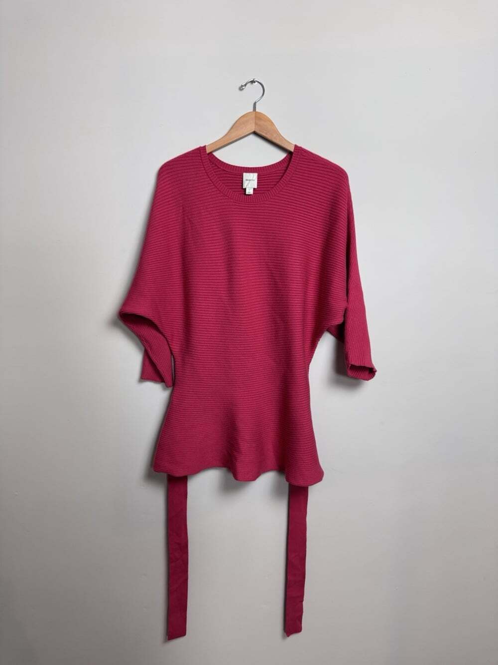 Maeve Anthropologie Pink Ribbed Knit Sweater Dress Belted 3/4 Sleeve Size L